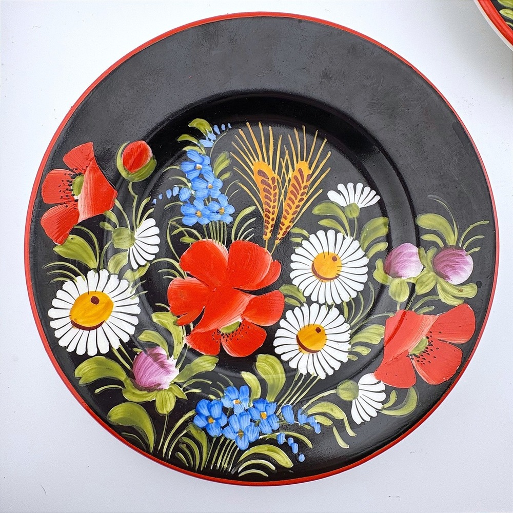 Vintage Unicoop Czechoslovakia Hand Painted Floral Black Wall Plates Set of 2